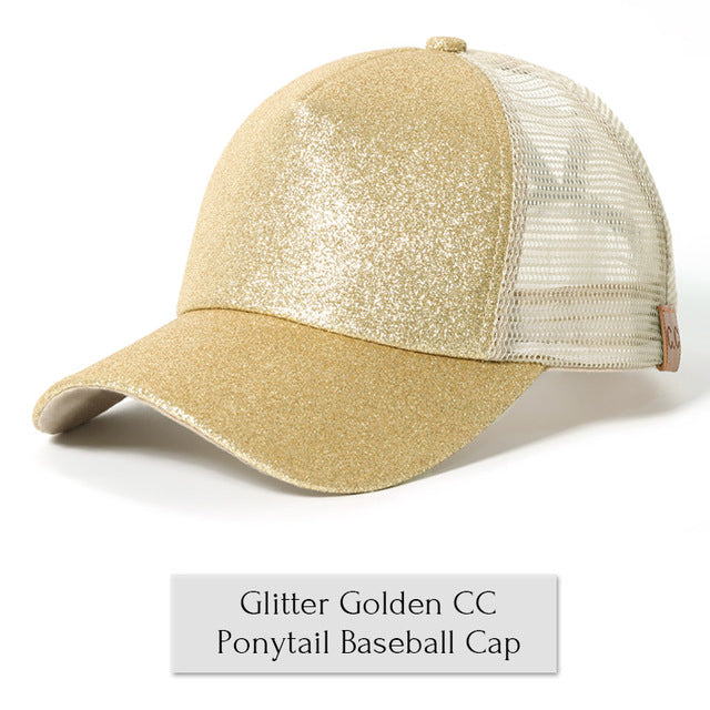 Drop Shipping CC Glitter Ponytail Baseball Cap Women Messy Bun Baseball Cap Girls Snapback Caps Summer Sports Mesh Hats